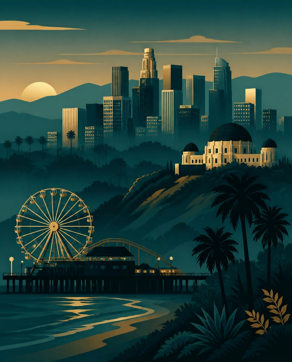Layered illustration of Los Angeles landmarks in teal and gold